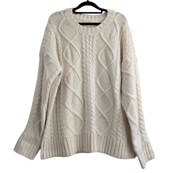 Pink Pineapple Sweater Ivory Cable Knit Pullover Sz M Cozy Winter Minimalist - Picture 1 of 8